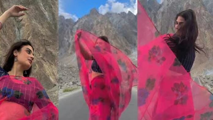 Hira Mani Shines in Pink Saree Amidst Mountain Views